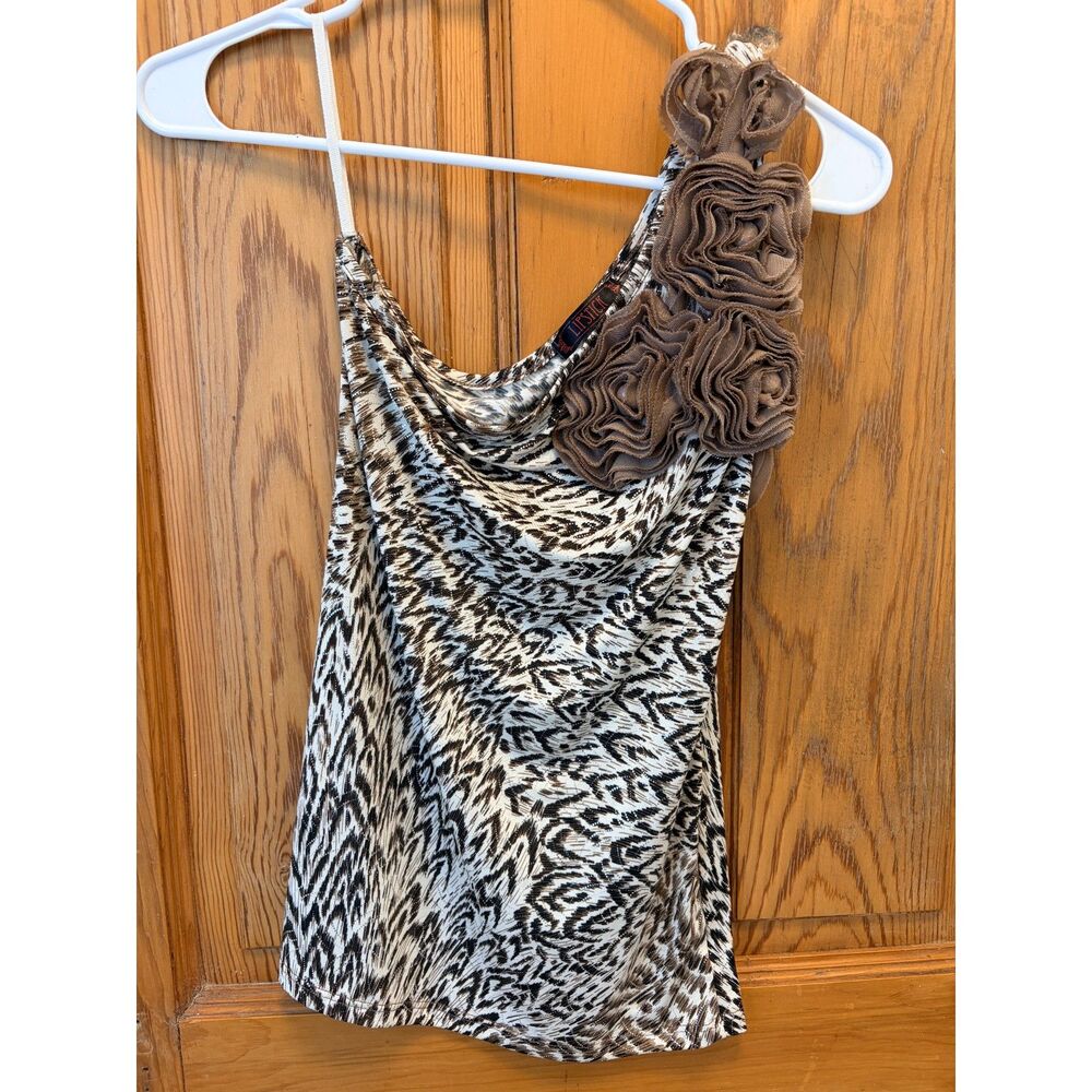 Y2K Lipstick One Shoulder Rosette Leopard Print Top Sparkle Cowl Neck Medium